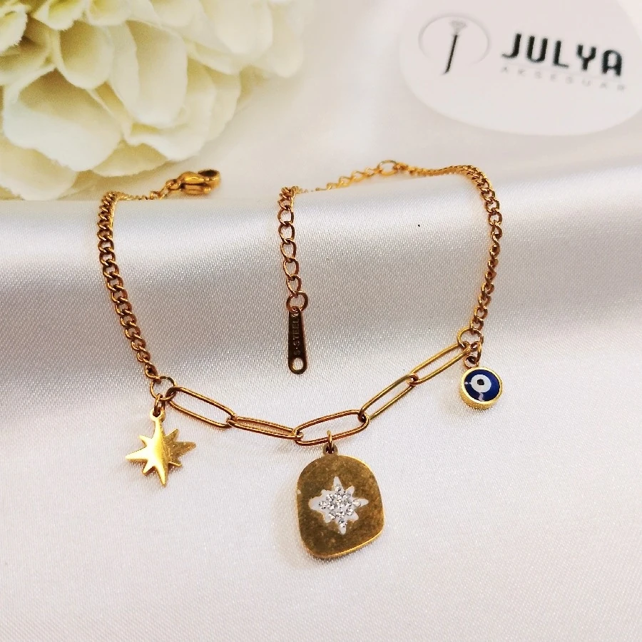 ÇELİK GOLD KARARMAZ PASLANMAZ NAZAR BONCUKLU TAŞLI YILDIZ BİLEKLİK