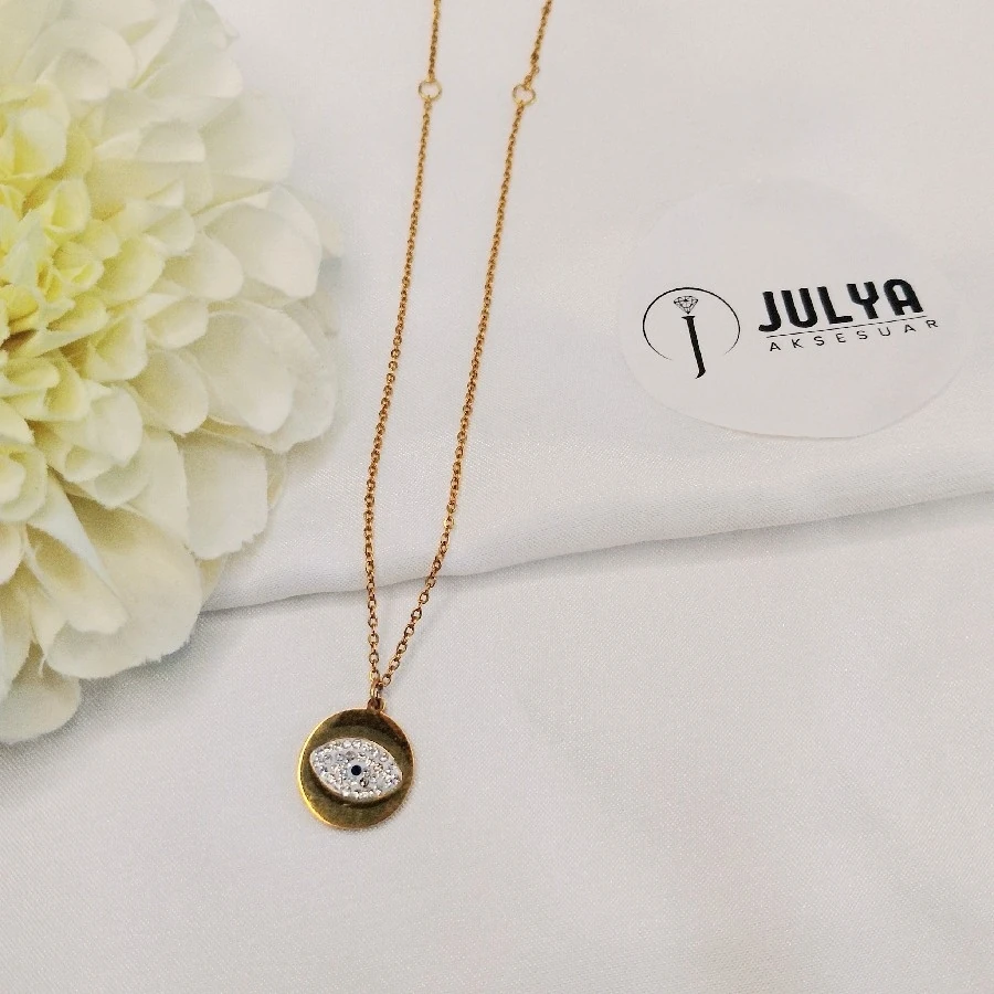 ÇELİK GOLD RENK TAŞLI GÖZ UÇLU 45+5 CM KARARMAZ PASLANMAZ KOLYE