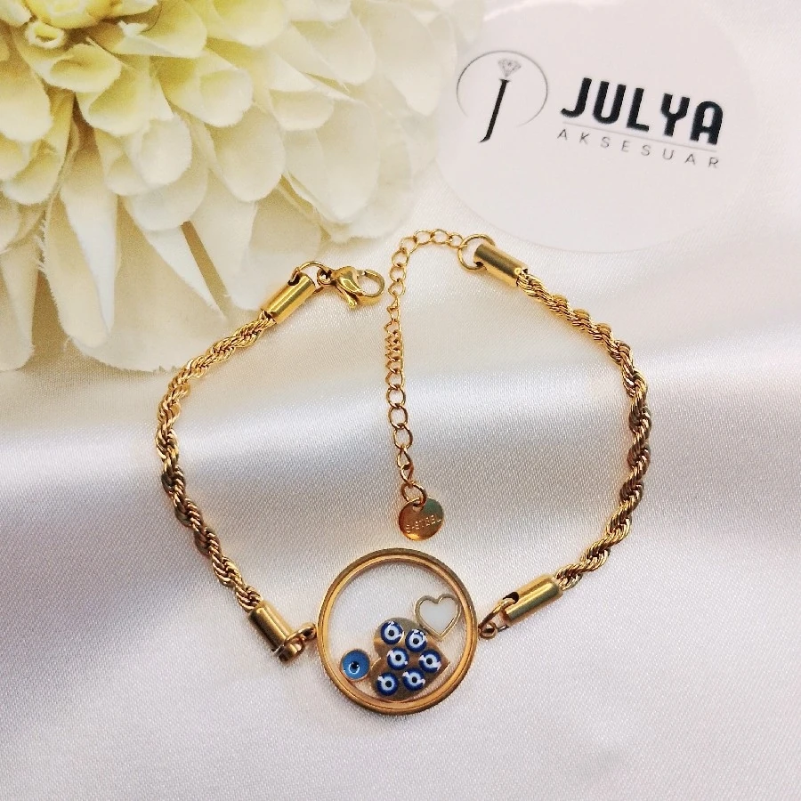 ÇELİK GOLD BURGU ZİNCİRLİ NAZAR BONCUKLU KARARMAZ PASLANMAZ BİLEKLİK