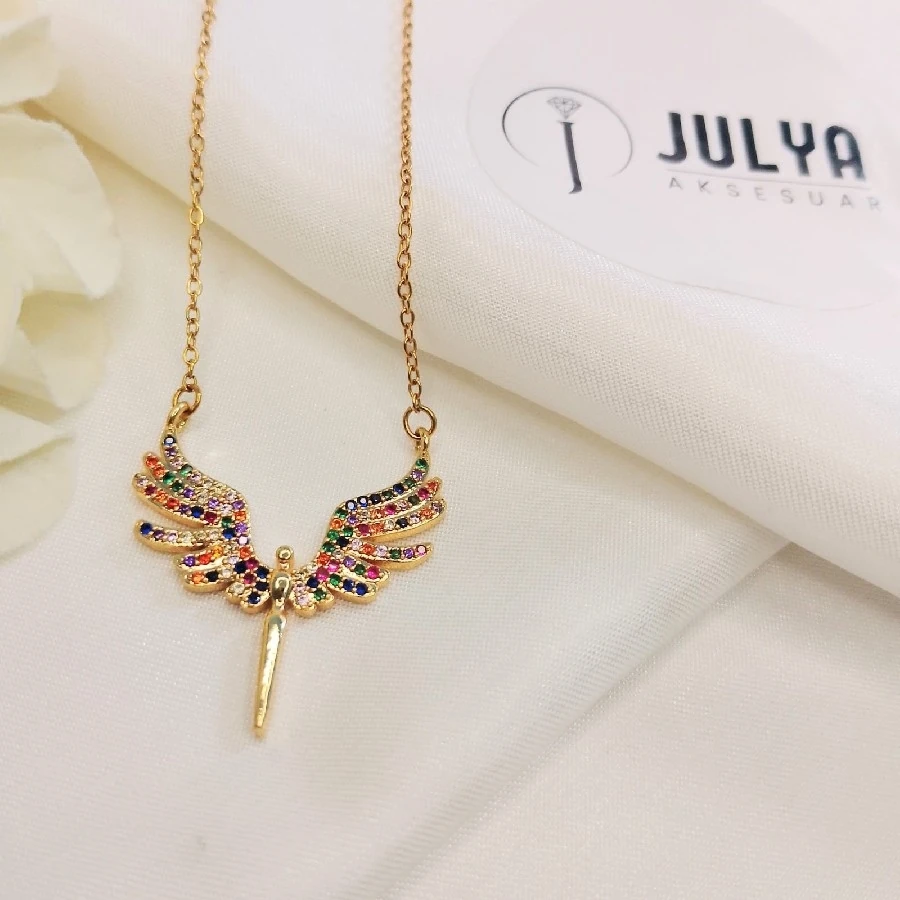 ÇELİK GOLD KARARMAZ PASLANMAZ RENKLİ  ZİRKON TAŞLI MELEK KANATLI  45+5 CM KOLYE