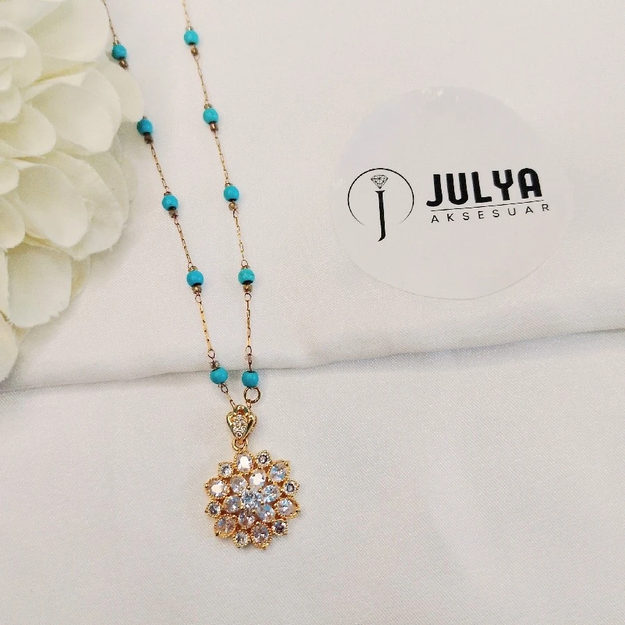 ÇELİK GOLD RENK KOLYE ZİNCİRİ MAVİ BONCUK DETAYLI KOLYE UCU TAŞLI 45+5 CM KARARMAZ PASLANMAZ KOLYE