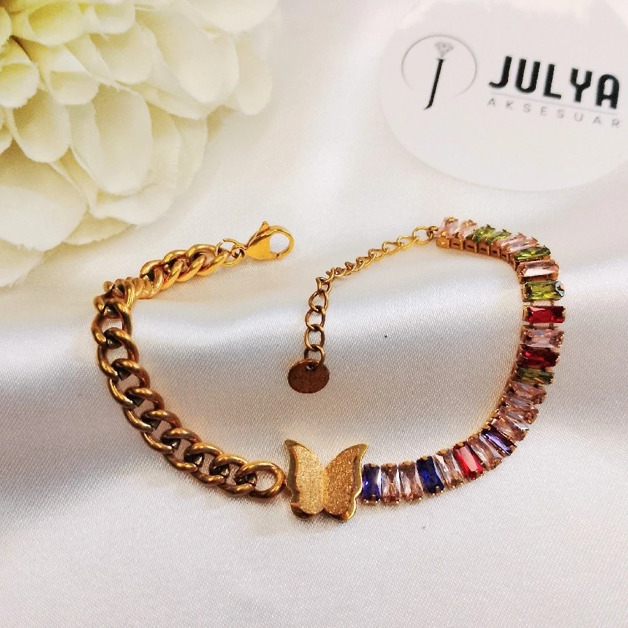 ÇELİK GOLD KARARMAZ PASLANMAZ KRİSTAL TAŞLI  BİLEKLİK