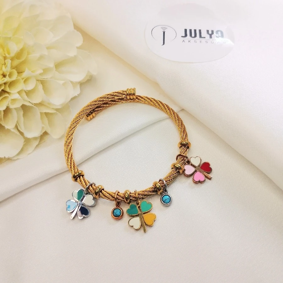 ÇELİK GOLD KARARMAZ PASLANMAZ REKLİ TAŞLI YONCA   PANDORA BİLEKLİK