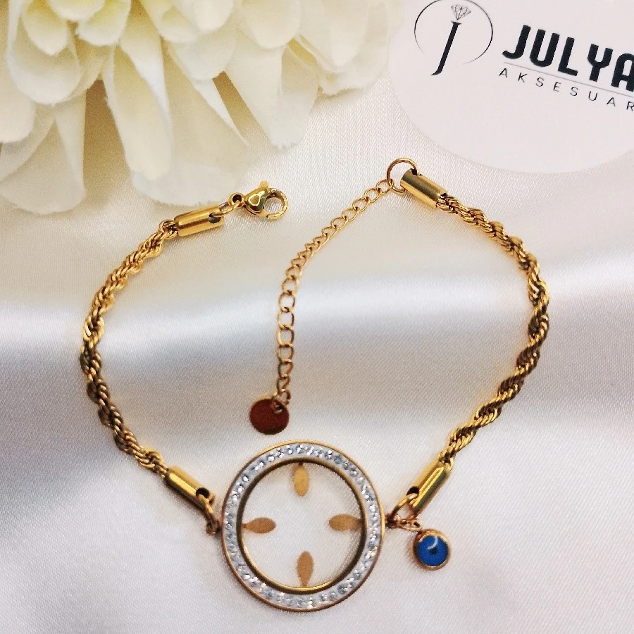 ÇELİK GOLD KARARMAZ PASLANMAZ  TAŞLI NAZAR BONCUKLU BURGU ZİNCİRLİ BİLEKLİK