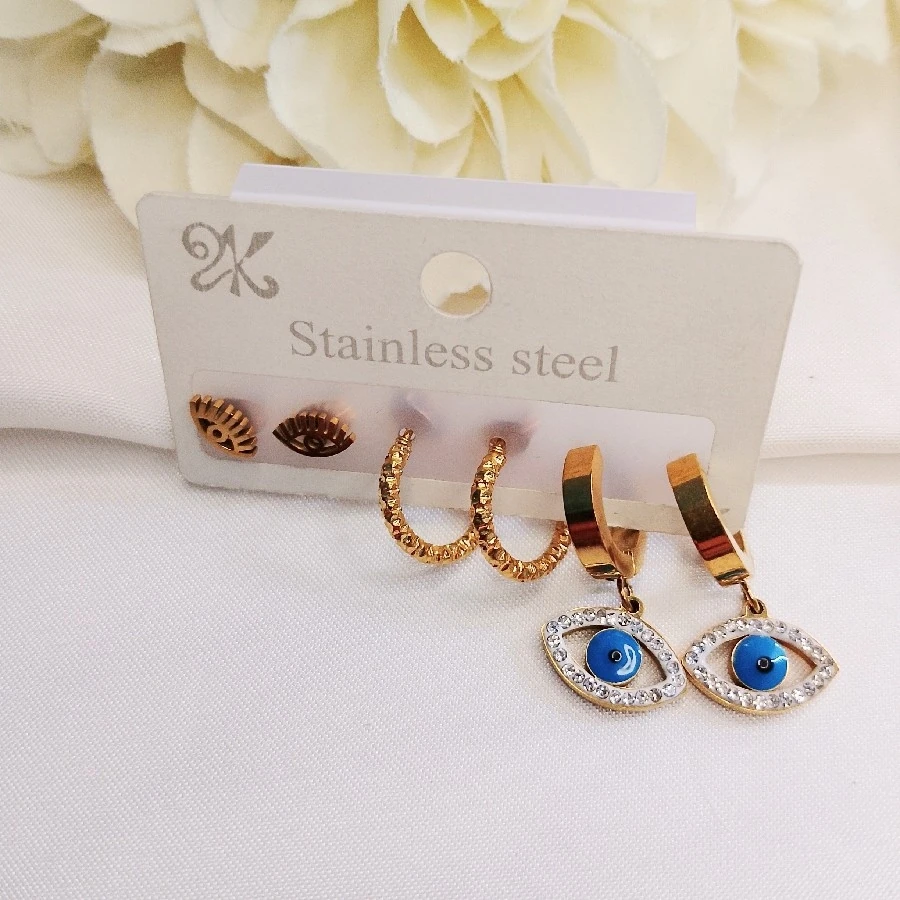 ÇElİK GOLD KARARMAZ PASLANMAZ TAŞLI NAZAR BONCUKLU 6 TILI KÜPE