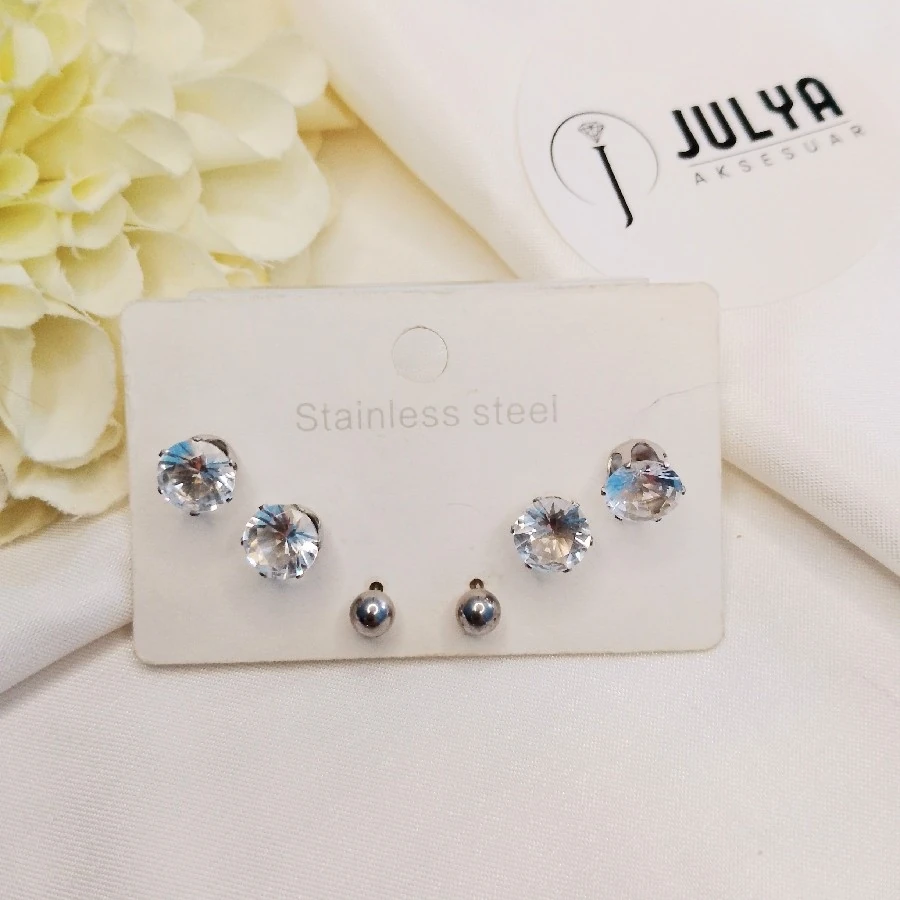 ÇELİK GÜMÜŞ RENGİ TAŞLI  6 lı VİDALI KÜPE