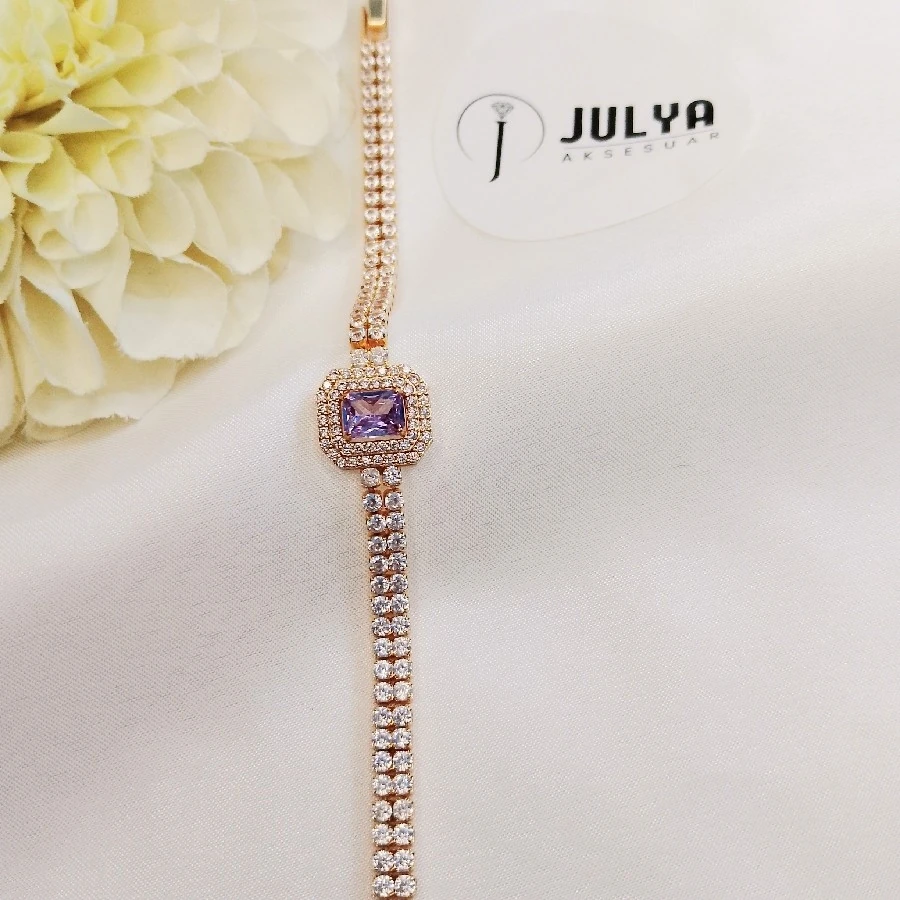 ÇELİK  GOLD KARARMAZ PASLANMAZ MOR BEYAZ TAŞLI SUYOLU BİLEKLİK