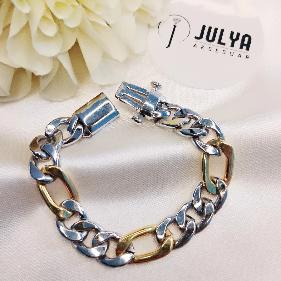 ÇELİK GÜMÜŞ RENGİ GOLD KARARMAZ PASLANMAZ ŞIK  KALIN ZİNCİRLİ BİLEKLİK