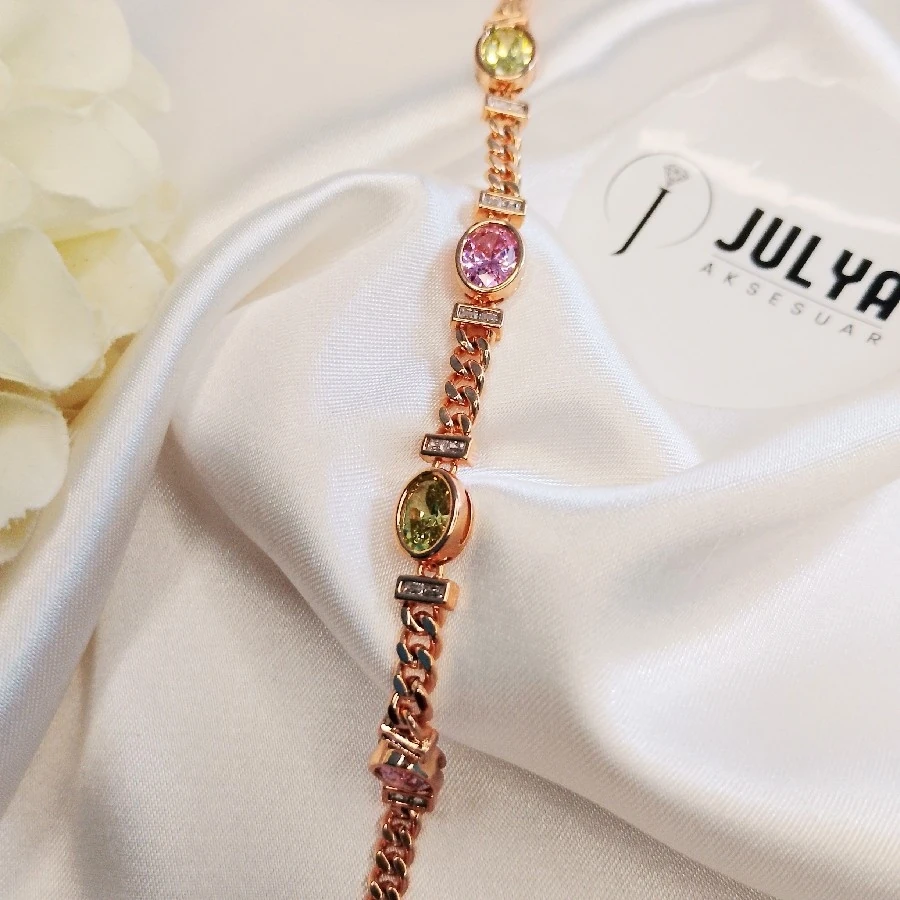 ÇELİK ROZE RENKLİ KRİSTAL TAŞLI KARARMAZ PASLANMAZ BİLEKLİK