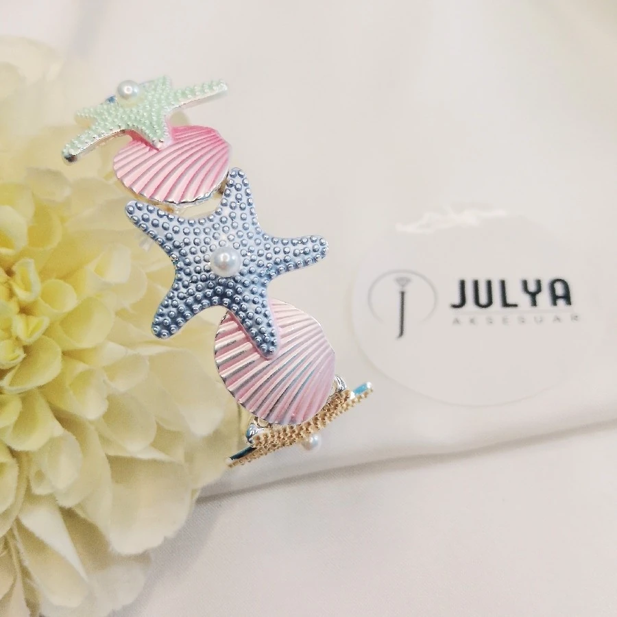 RENKLİ GÜMÜŞ RENGİ DENİZ KABUĞU DENİZ YILDIZI  BİLEKLİK