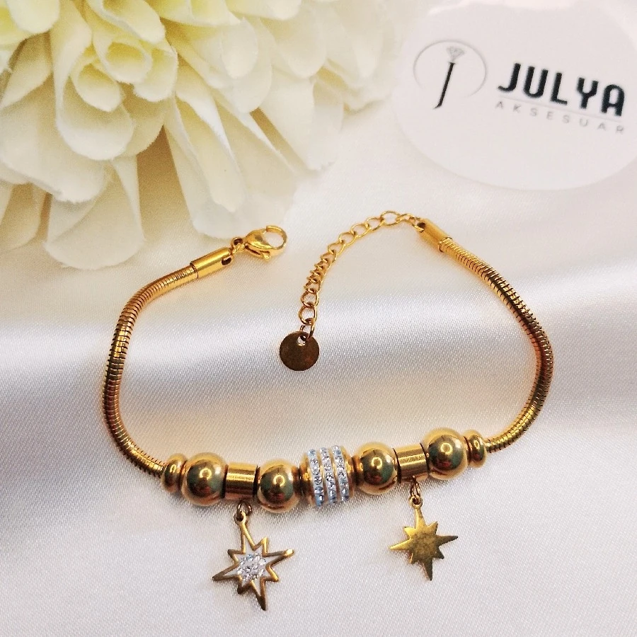 ÇELİK GOLD KARARMAZ PASLANMAZ TAŞLI YILDIZLI PANDORA BİLEKLİK