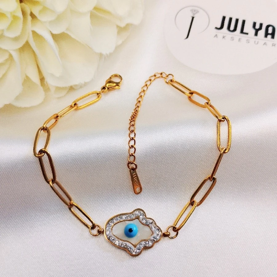ÇELİK  GOLD KARARMAZ PASLANMAZ NAZAR BONCUKLU FATMA ANANIN ELİ BİLEKLİK