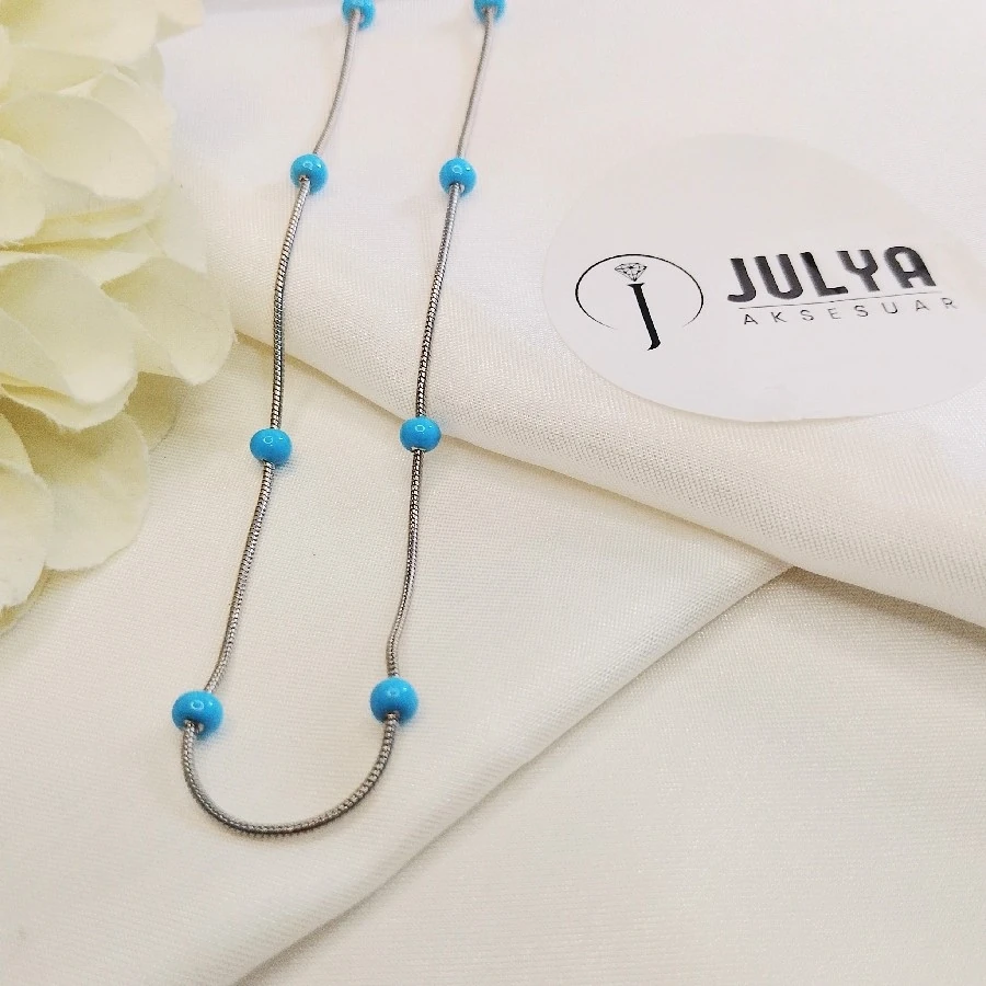 ÇELİK GÜMÜŞ RENGİ PASLANMAZ KARARMAZ DOĞAL TAŞLI 45+5 KOLYE