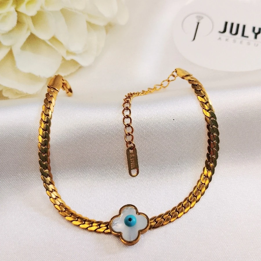 ÇELİK GOLD KARARMAZ PASLANMAZ NAZAR BONCUKLU EZME ZİNCİRLİ BİLEKLİK