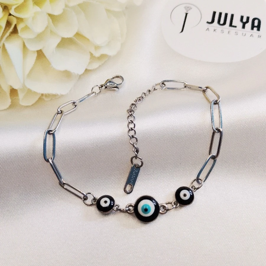 ÇELİK GÜMÜŞ RENGİ KARARMAZ PASLANMAZ NAZAR BONCUKLU BİLEKLİK