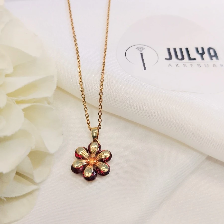 ÇELİK GOLD KARARMAZ PASLANMAZ KRMIZI ÇİÇEK 45+5 KOLYE