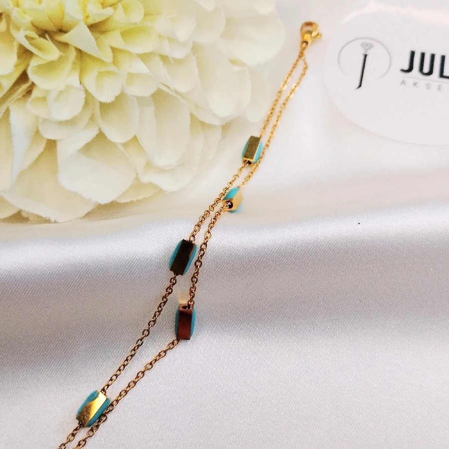 ÇELİK GOLD KARARMAZ PASLANMAZ MAVİLİ 2  Lİ ZİNCİRLİ BİLEKLİK