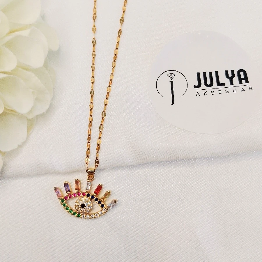 ÇELİK GOLD RENK RENKLİ TAŞ UÇLU GÖZ 45+5 CM KARARMAZ PASLANMAZ KOLYE