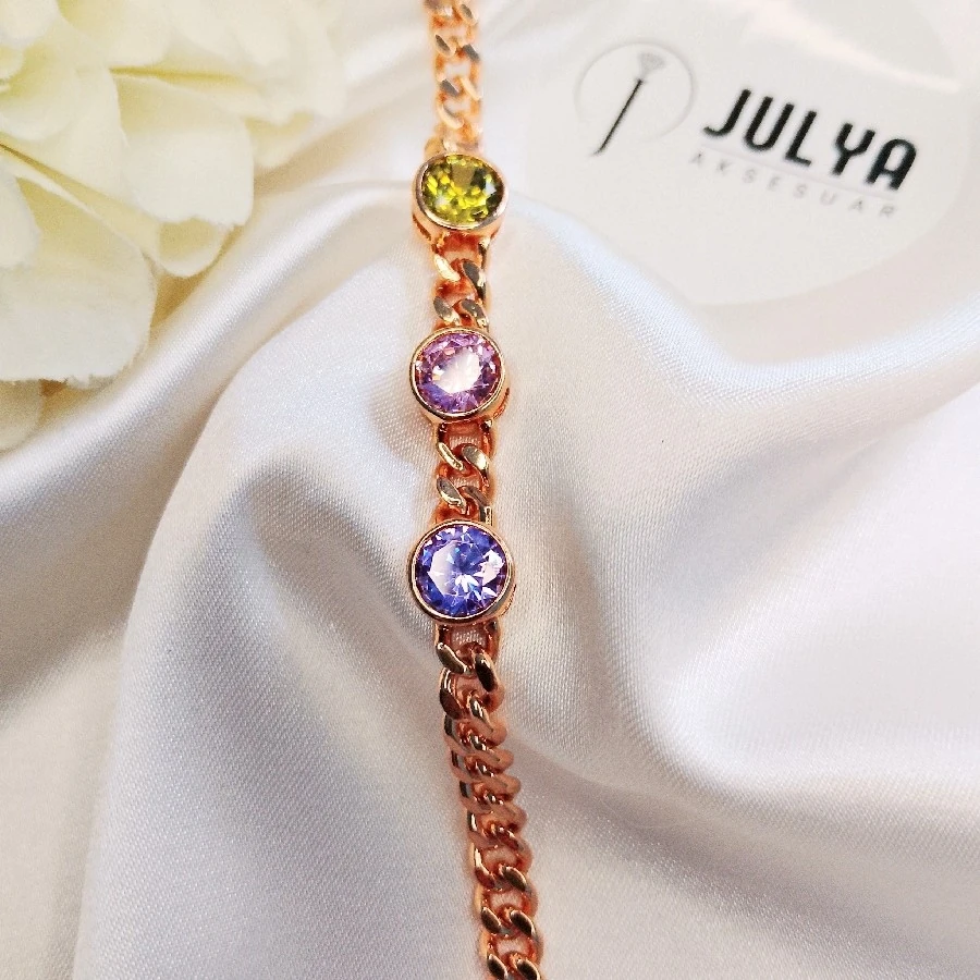 ÇELİK  ROSE KARARMAZ PASLANMAZ  RENKLİ KRİSTAL TAŞLI ŞIK BİLEKLİK