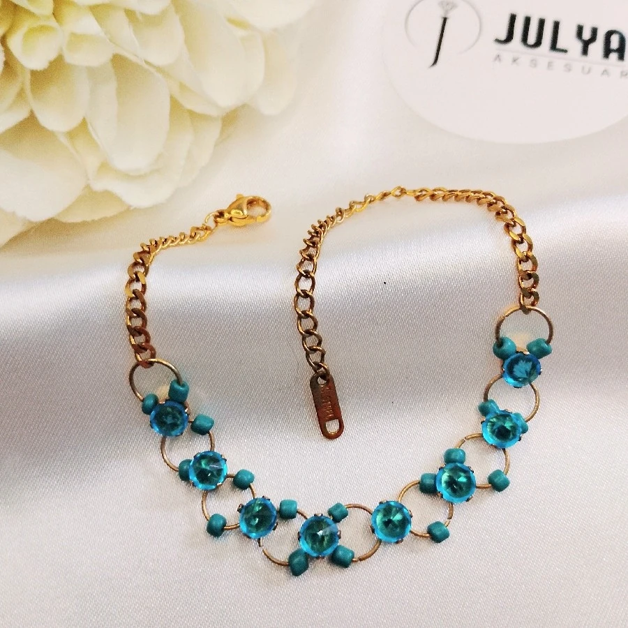 ÇELİK GOLD MAVi  KRİSTAL TAŞLI KARARMAZ PASLANMAZ  BİLEKLİK