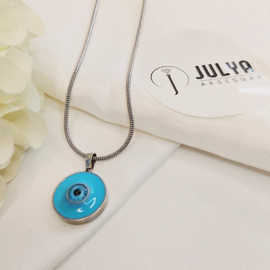 ÇELİK GÜMÜŞ RENGİ PASLANMAZ KARARMAZ NAZAR BONCUKLU 45+5  KOLYE