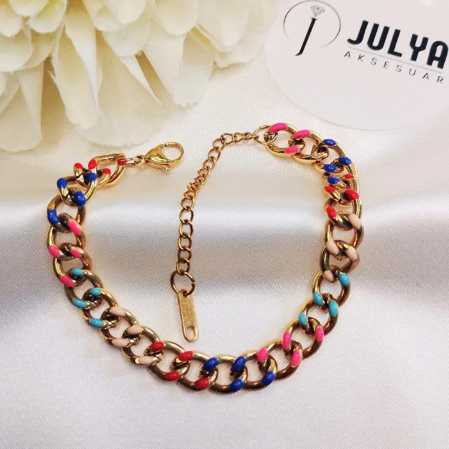 ÇELİK GOLD KARARMAZ PASLANMAZ KALIN ZİNCİRLİ MİNELİ  BİLEKLİK