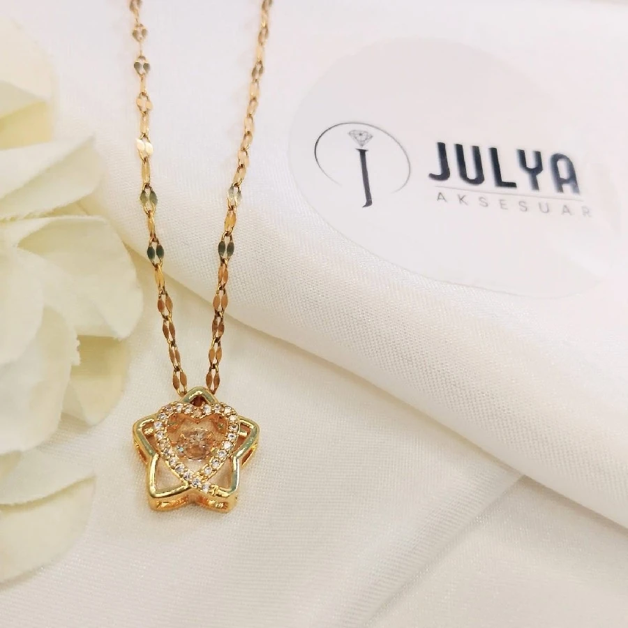 ÇELİK GOLD KARARMAZ PASLANMAZ TAŞLI ÇİÇEK  45+CM KOLYE