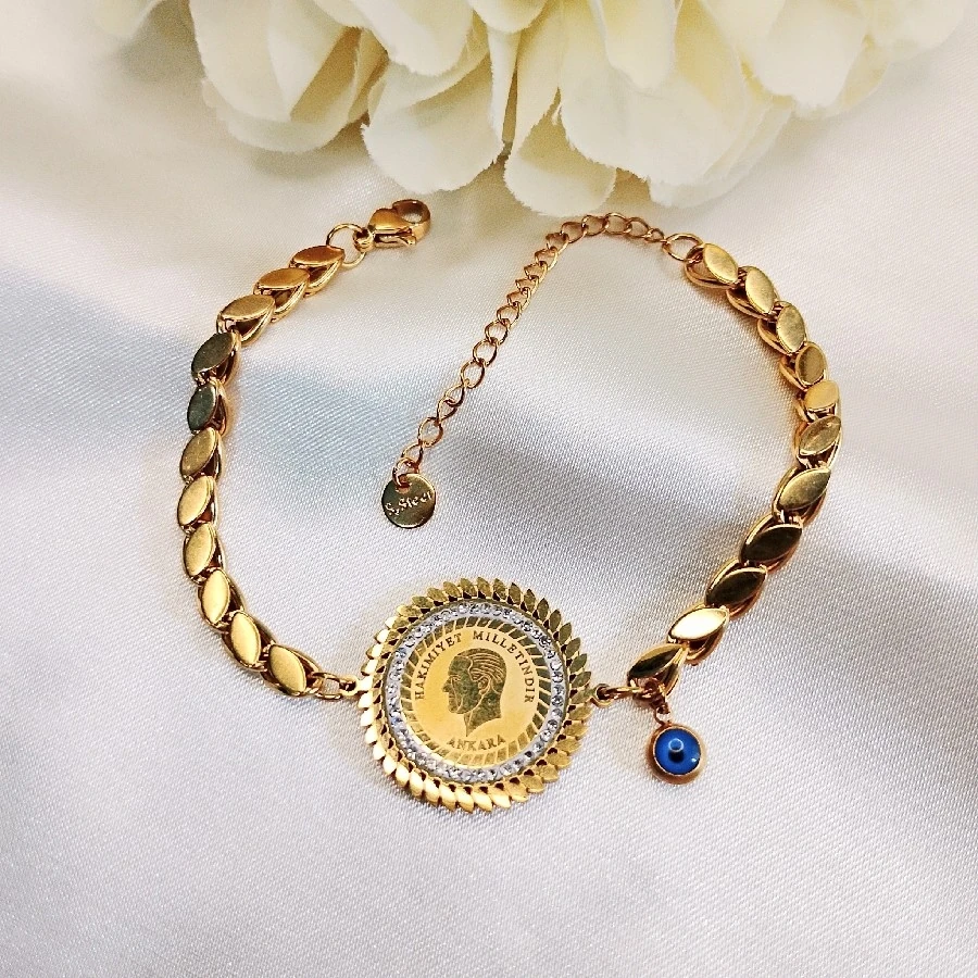 ÇELİK GOLD  NAZAR BONCUKLU  TAŞLI   ALTIN GÖRSEL KARARMAZ PASLANMAZ BİLEKLİK