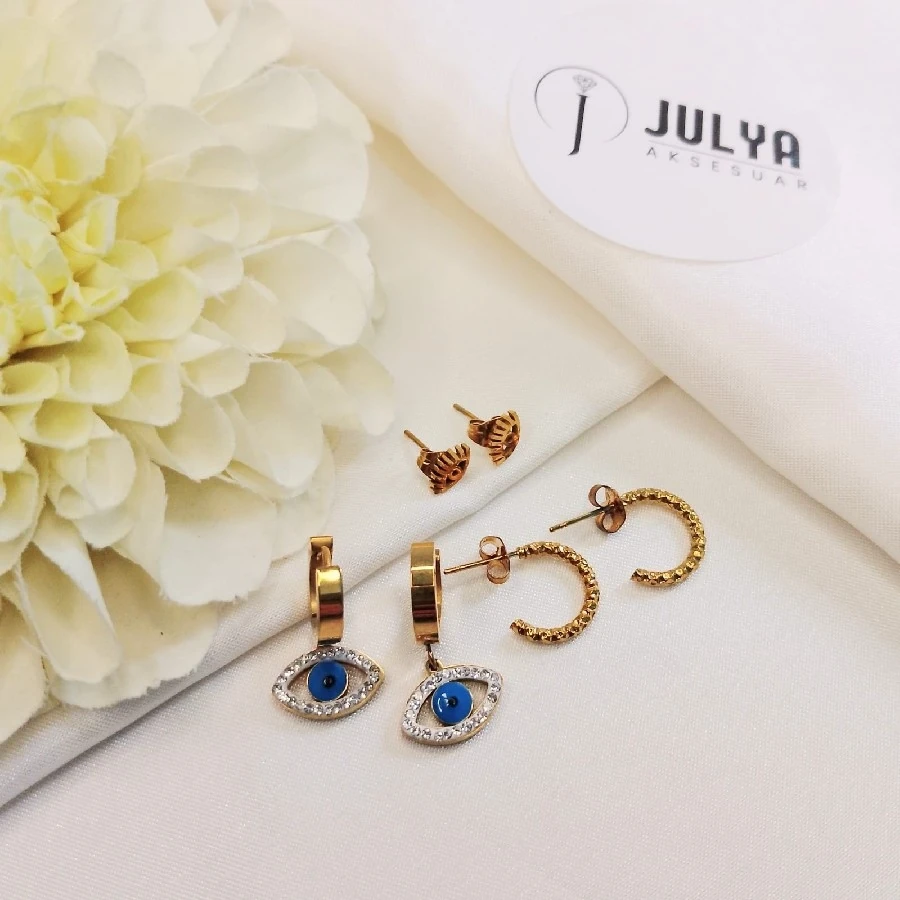 ÇELİK GOLD HALKA NAZAR BONCUKLU KARARMAZ PASLANMAZ TAŞLI KÜPE