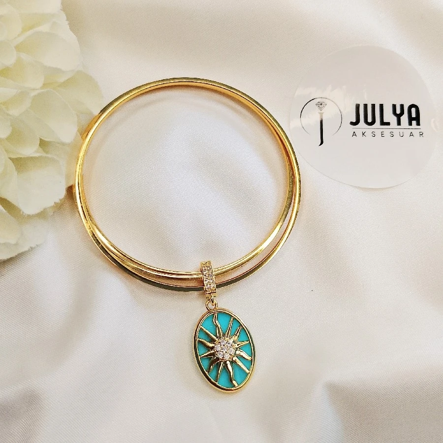 ÇELİK GOLD KARARMAZ PASLANMAZ GÜNESLİ MAVİ TURKUAZ DOĞAL TAŞLI AJDA BİLEZİK VE  CHRIM 20 CM