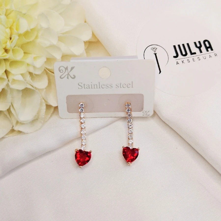 GOLD KARARMAZ PASLANMAZ KRİSTAL KRMIZI BEYAZ  TAŞLI SU YOLU ŞIK KÜPE