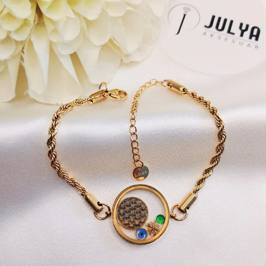 ÇELİK GOLD KARARMAZ PASLANMAZ YAŞAM ÇİÇEĞLİ NAZAR BONCUKLU BİLEKLİK