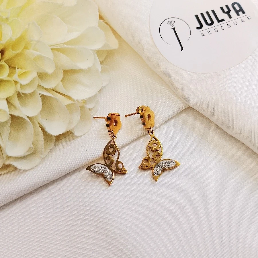 ÇELİK GOLD KARARMAZ PASLANMAZ TAŞLI KELEBEK KELEBEK KÜPE