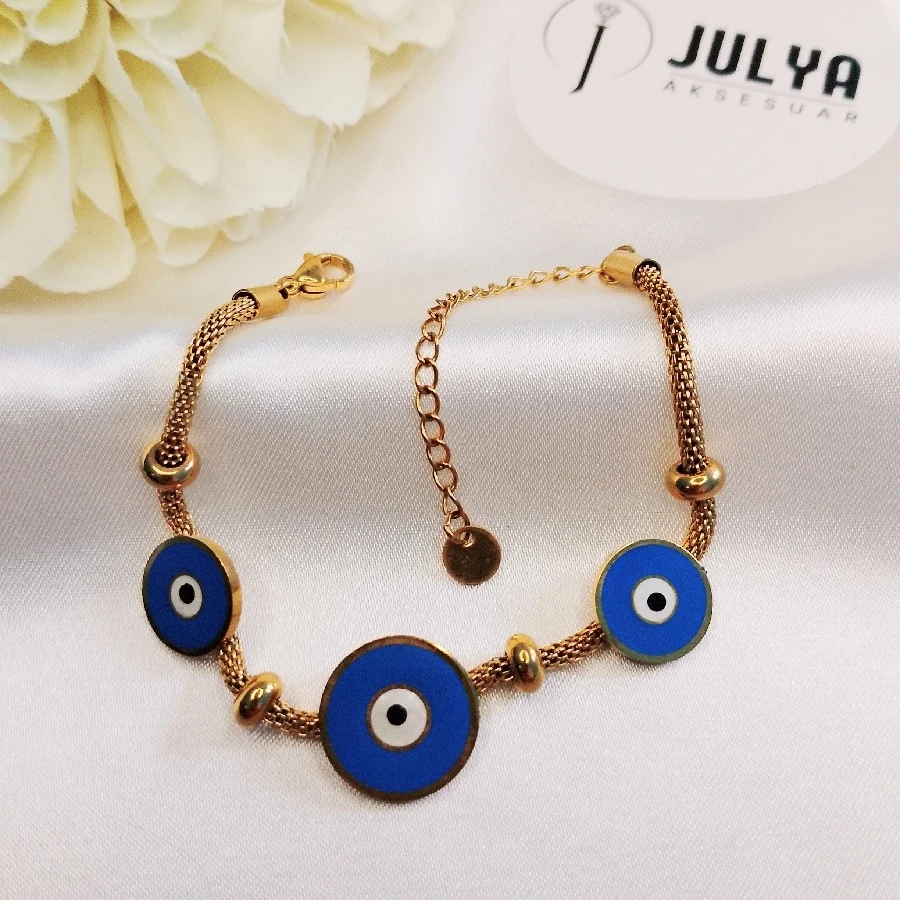 ÇELİK GOLD KARARMAZ PASLANMAZ NAZAR BONCUKLU BİLEKLİK