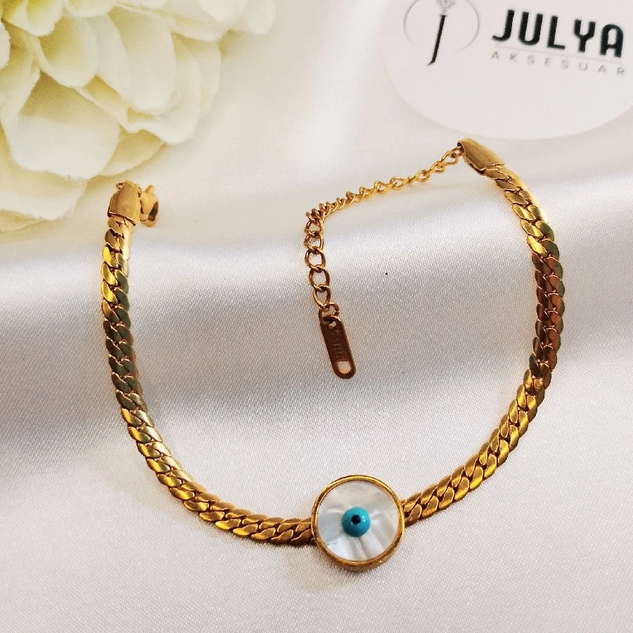 ÇELİK GOLD KARARMAZ PASLANMAZ NAZAR BONCUKLU EZME ZİNCİRLİ  BİLEKLİK
