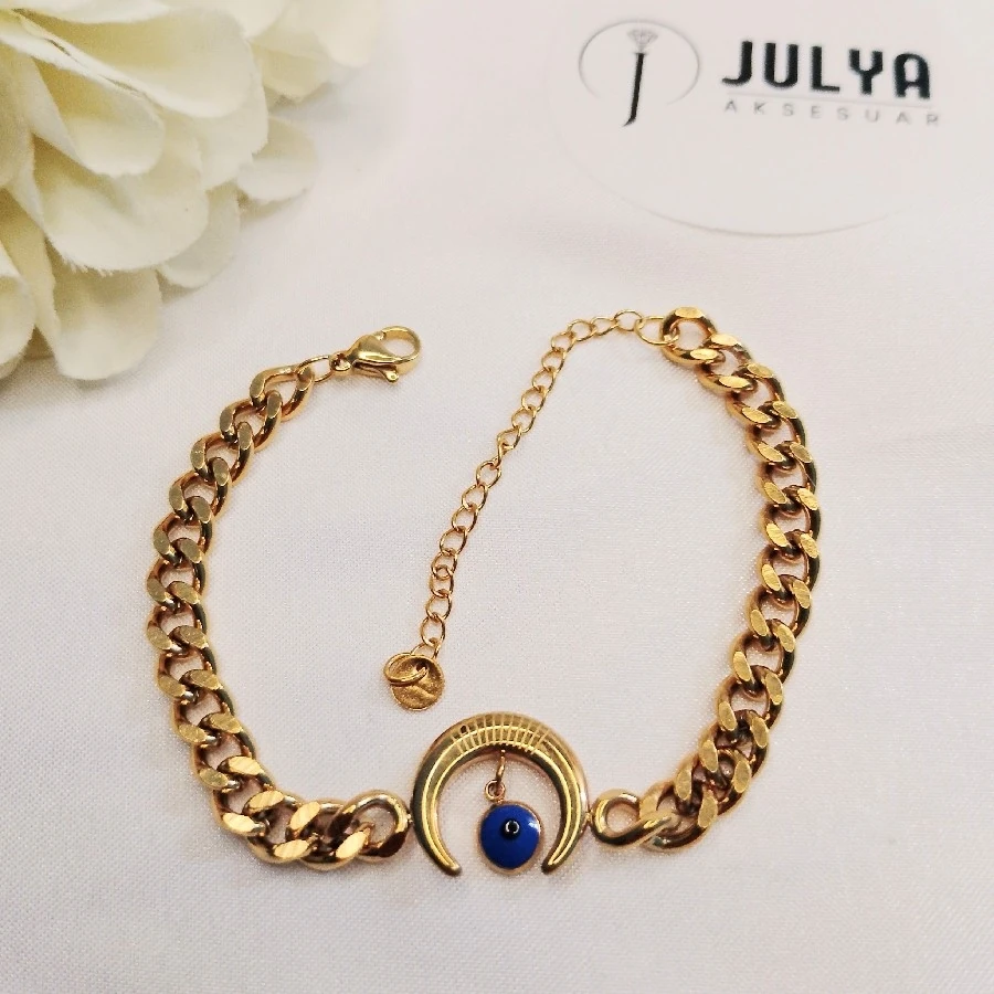 ÇELİK GOLD KARARMAZ PASLANMAZ NAZAR BONCUKLU AY YILDIZLI BiLEKLİK