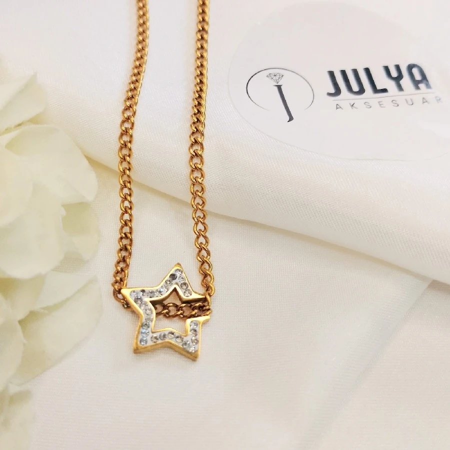 ÇELİK GOLD KARARMAZ PASLANMAZ TAŞLI YILDIZLI 45+5 CM KOLYE