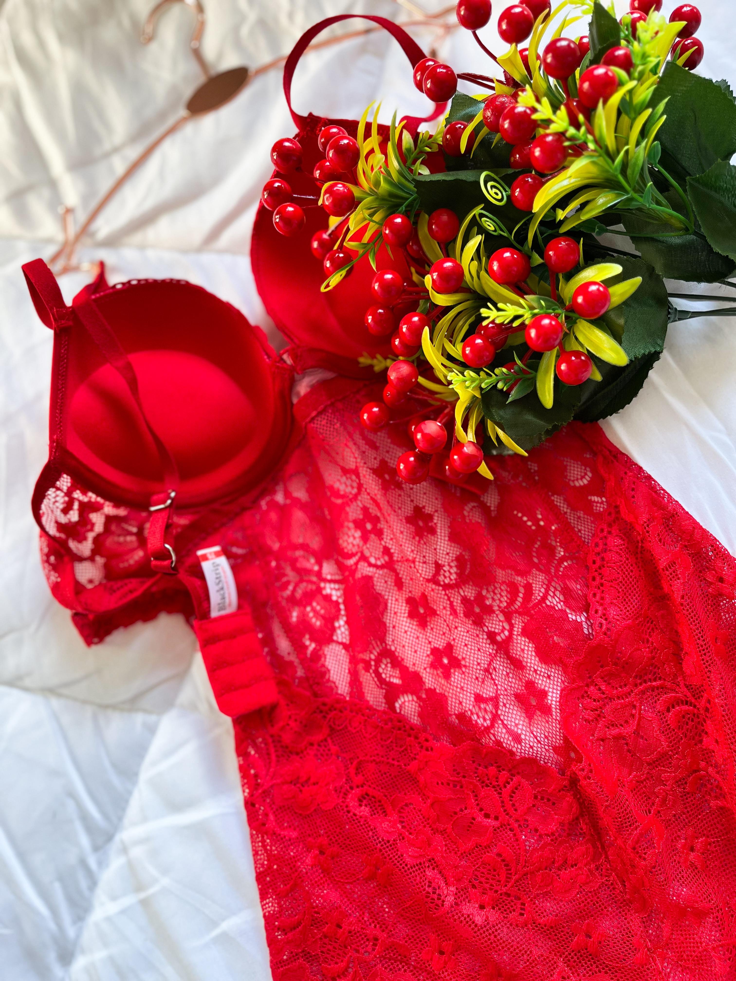 Lustrous Allure Destekli Sırt Detay Bodysuit - Babydoll - kırmızı