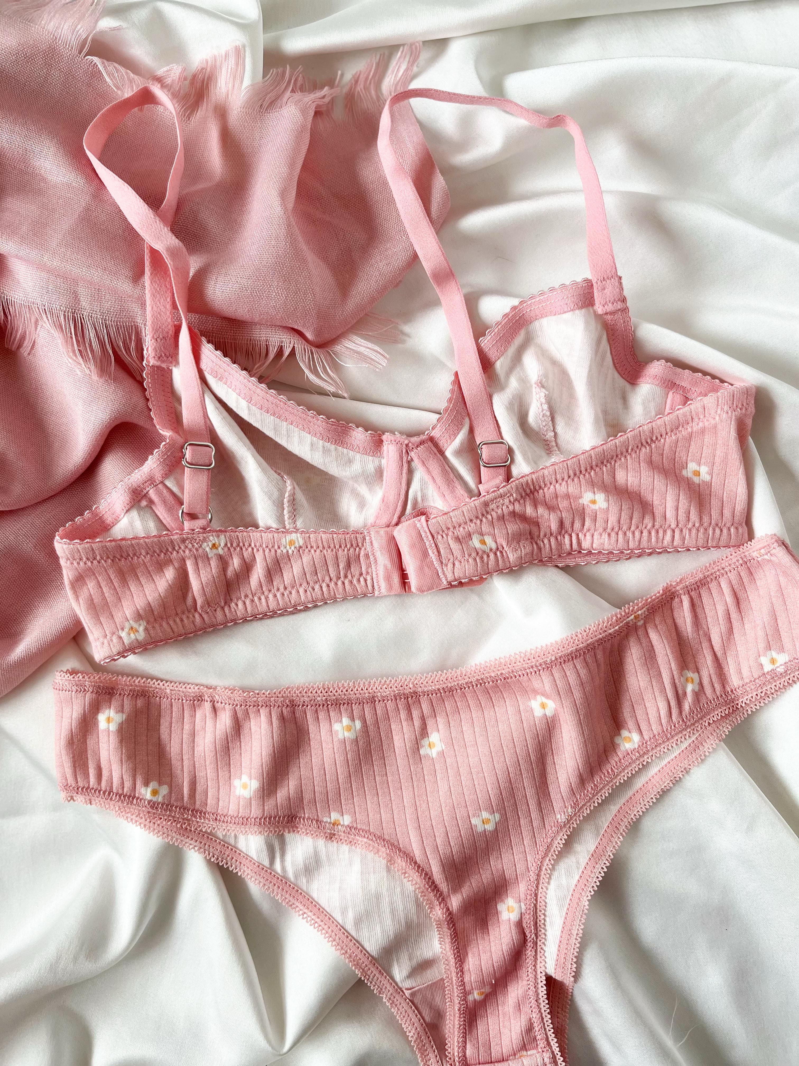 Pink Flower Modal Kumaş Bralet ve Brazilian Külot Takımı - pudra