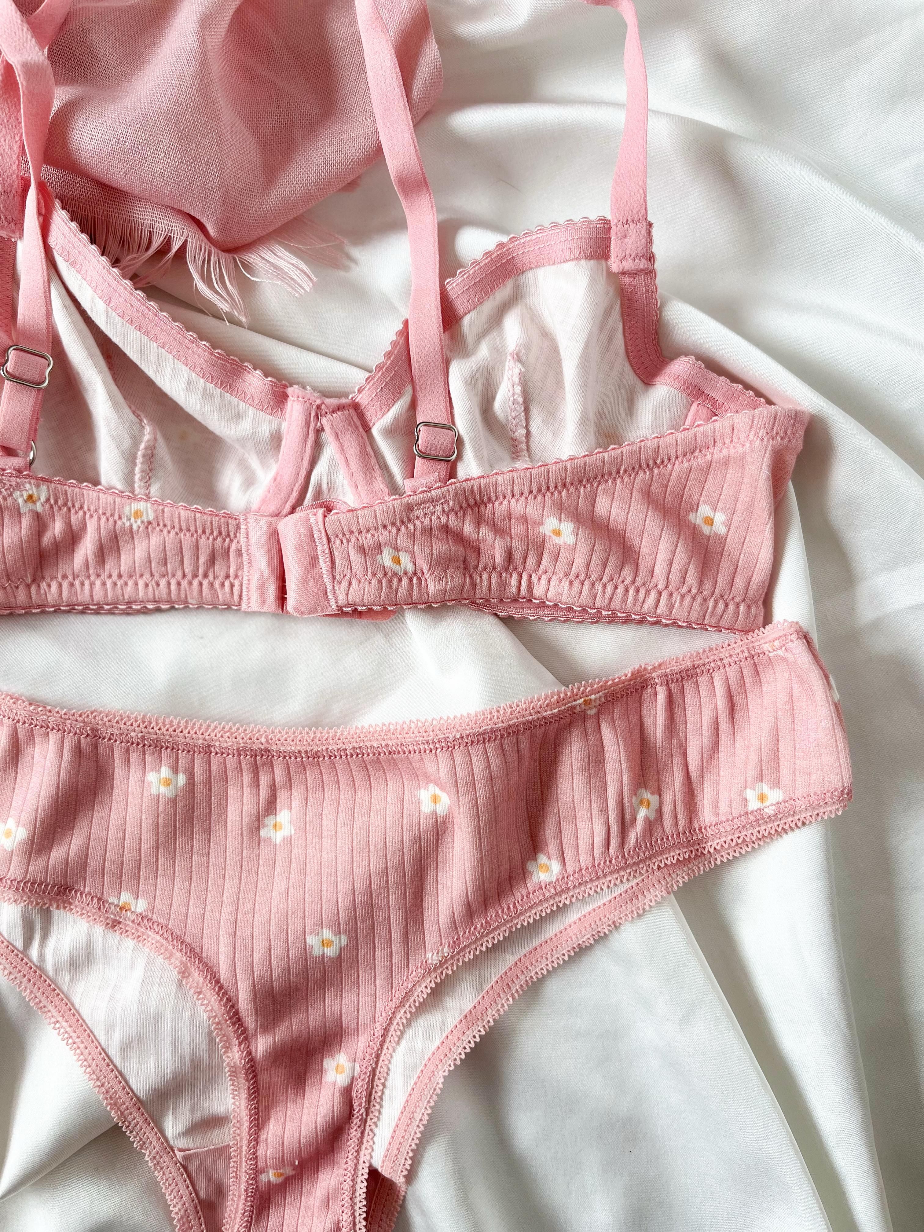 Pink Flower Modal Kumaş Bralet ve Brazilian Külot Takımı - pudra