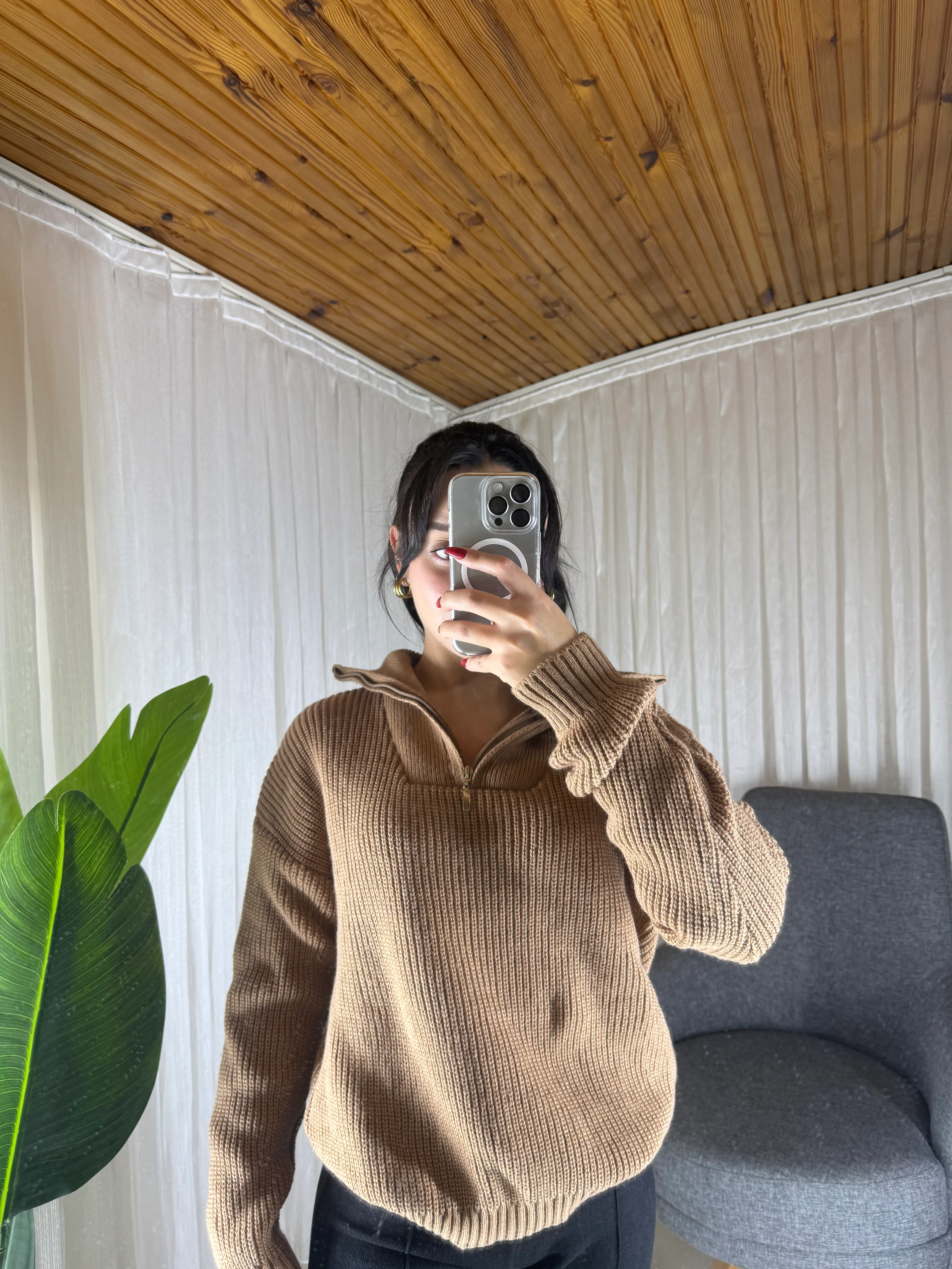 Yarım Fermuarlı Örgü Kazak Kaşmir Dokulu