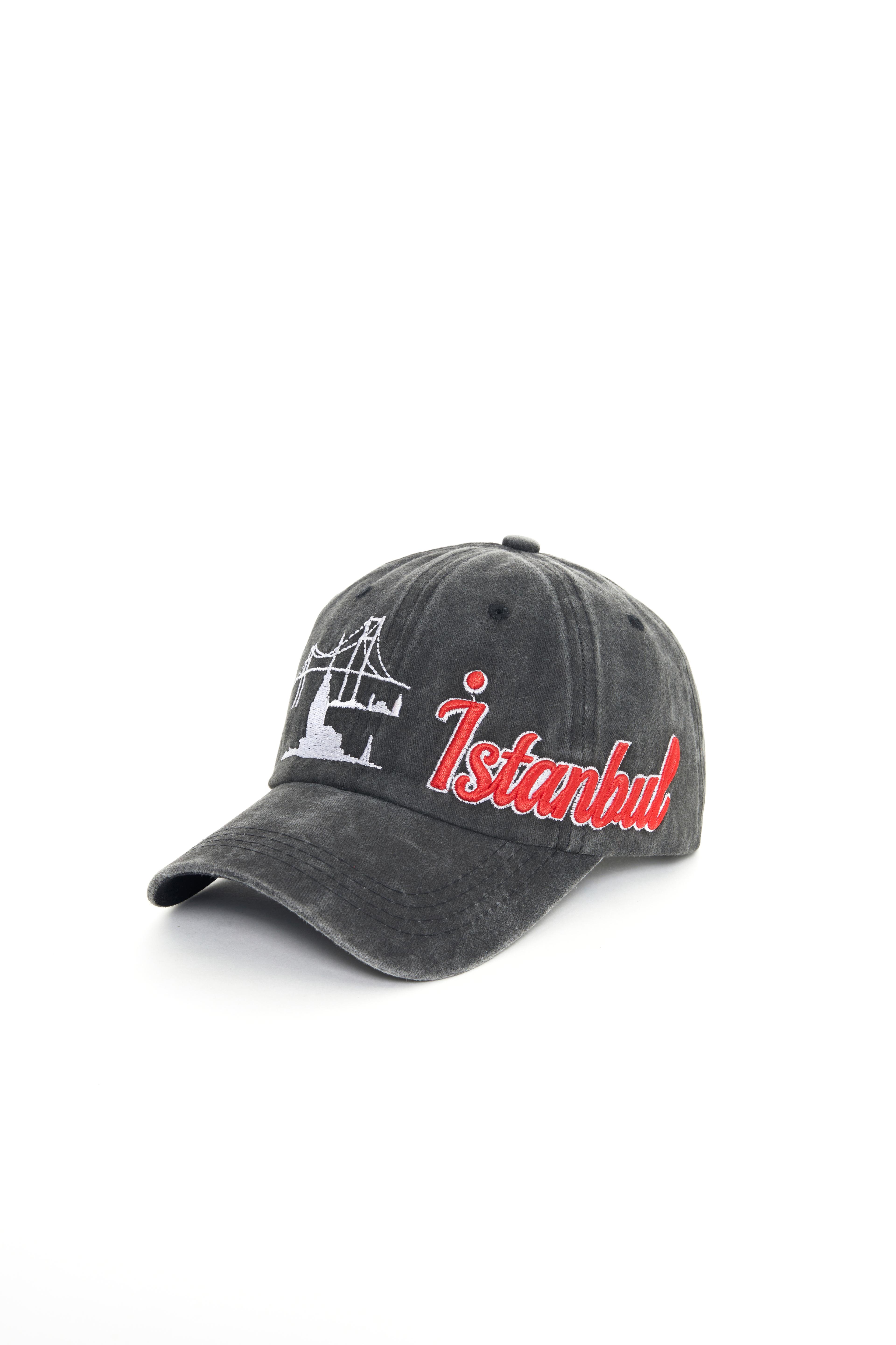 İstanbul Yıkamalı Şapka (SPECIAL DESIGN) - Siyah - Kırmızı Nakış