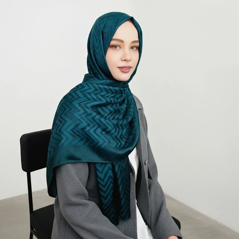 Desenli Yeşil Jakarli Şal