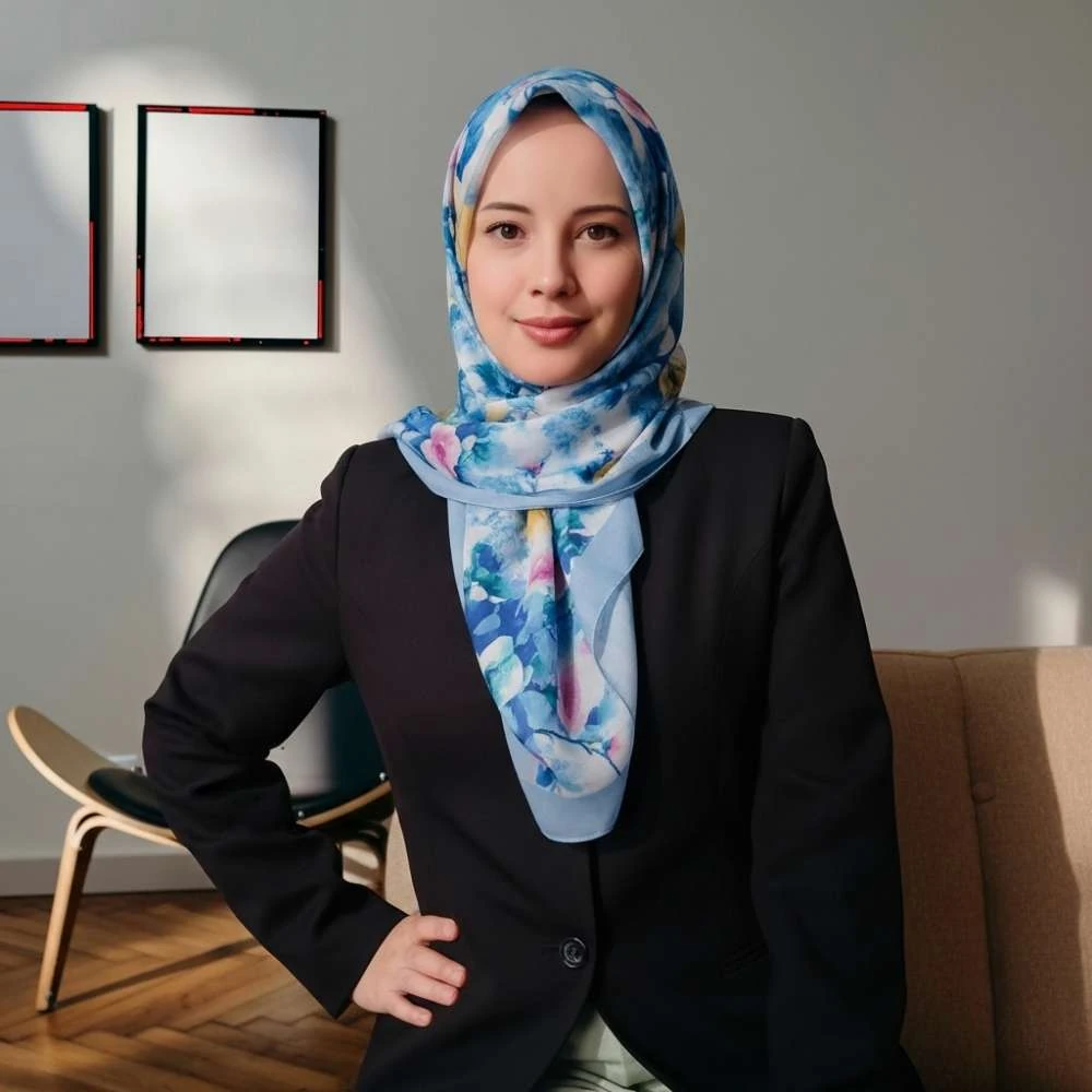 Çiçek Desenli Mavi Eşarp