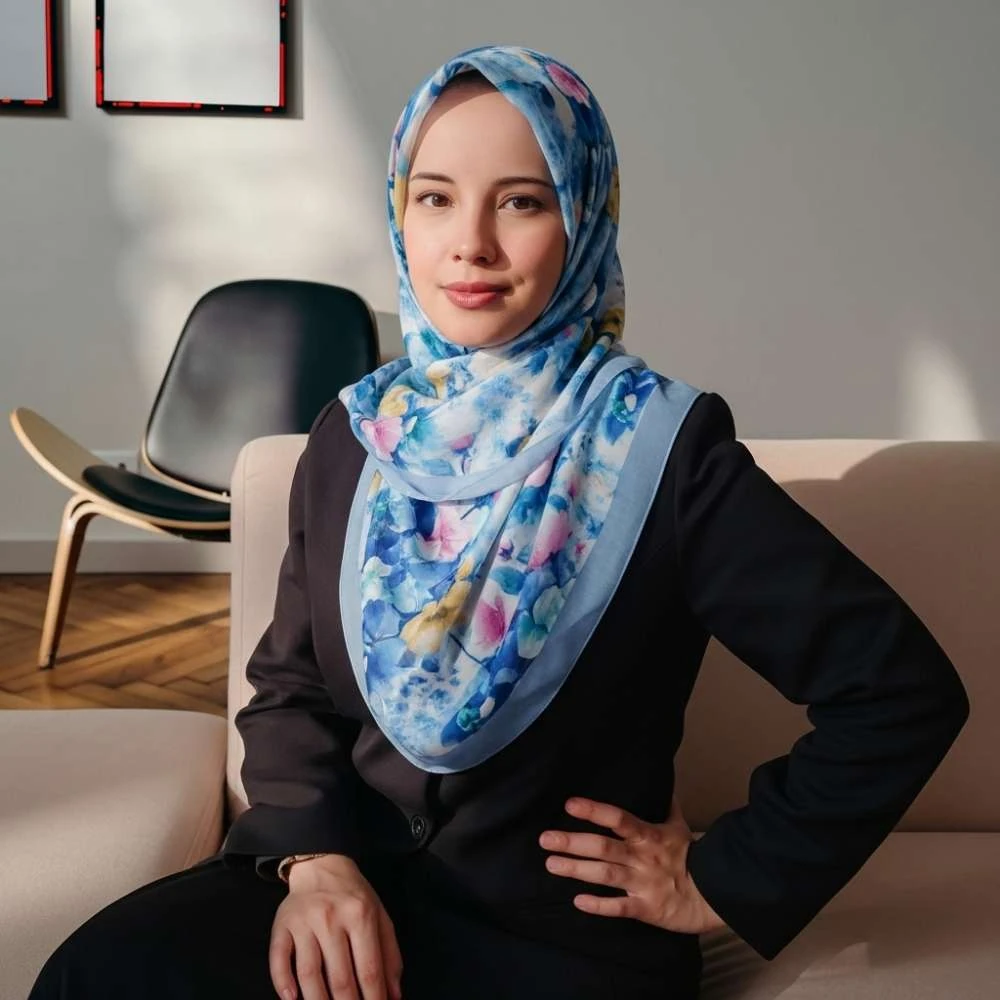 Çiçek Desenli Mavi Eşarp