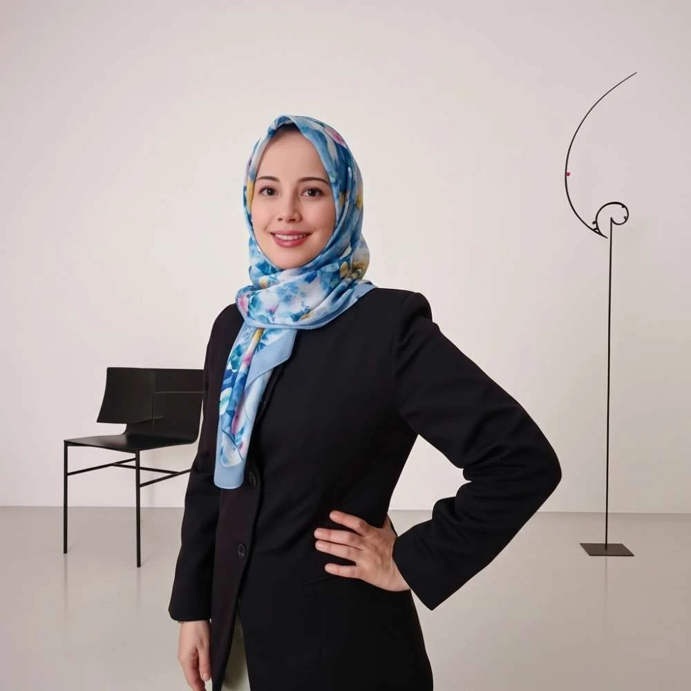 Çiçek Desenli Mavi Eşarp