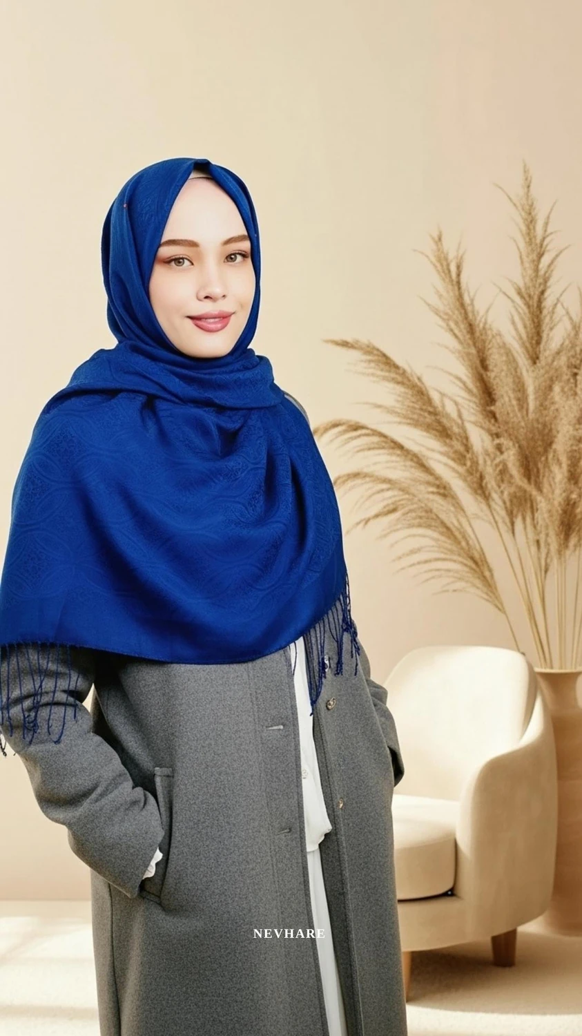 Çiçek Jakarli Lacivert Şal