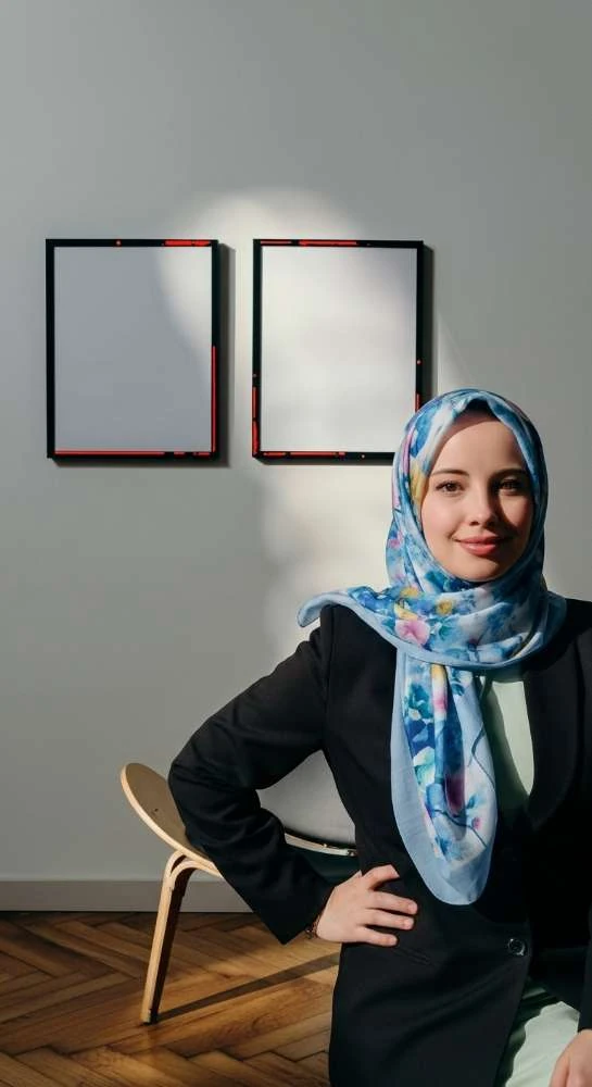 Çiçek Desenli Mavi Eşarp