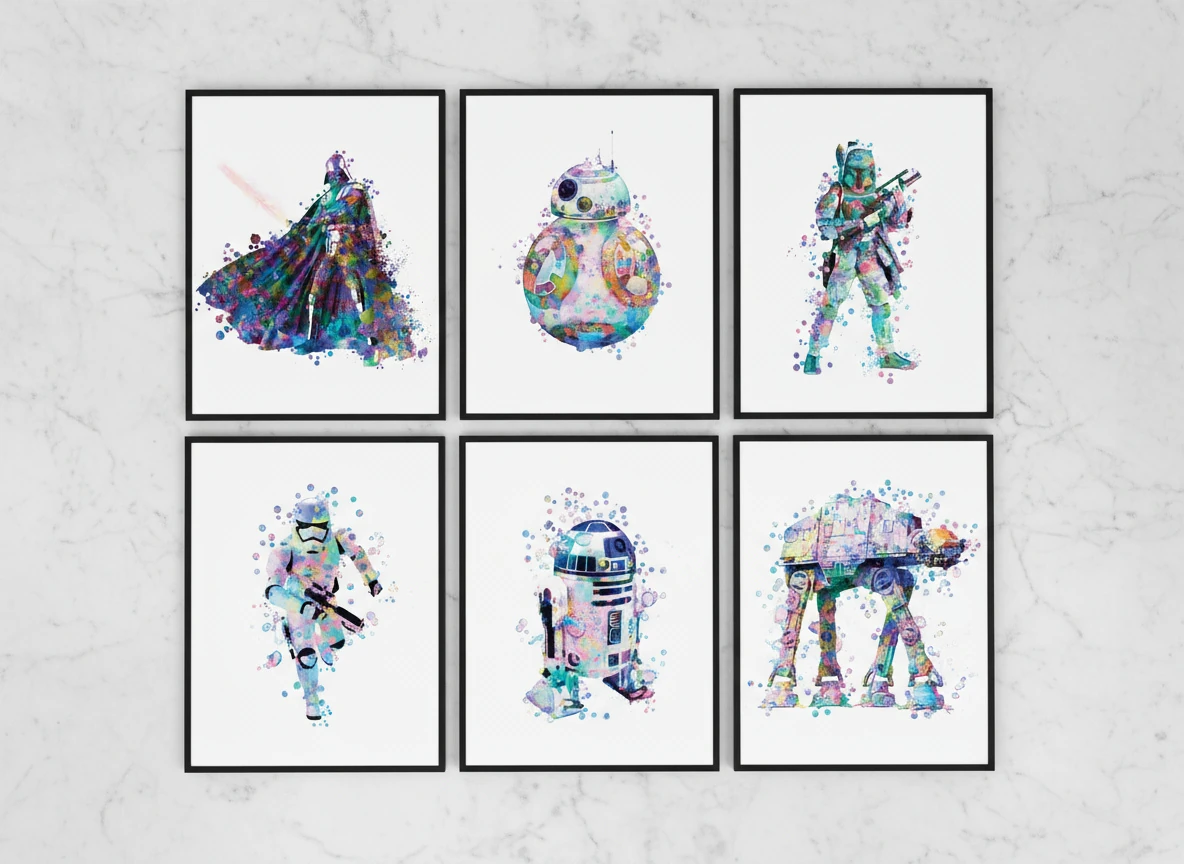 Star Wars Saga Watercolor Art Collection (6-Piece) - Darth Vader, Yoda, Millennium Falcon Prints - 8x10" Unframed Wall Decor
