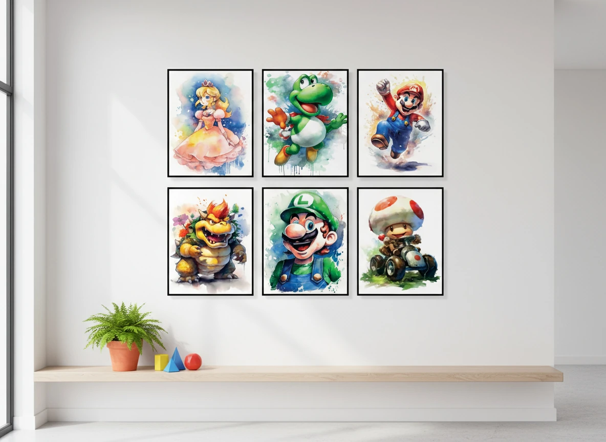 Vintage Super Mario Arcade Cabinet Poster Collection (6-Piece) - 8x10" Unframed Wall Art for Nintendo Gamer Room Decor
